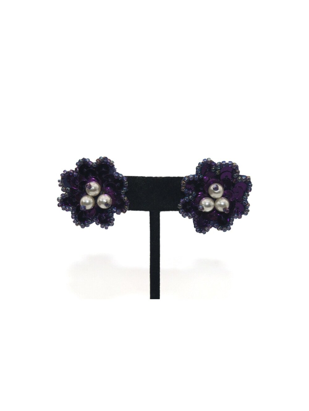 Vintage Handmade Leather Back, Faux Pearls and Purple Sequins Stud Earrings.